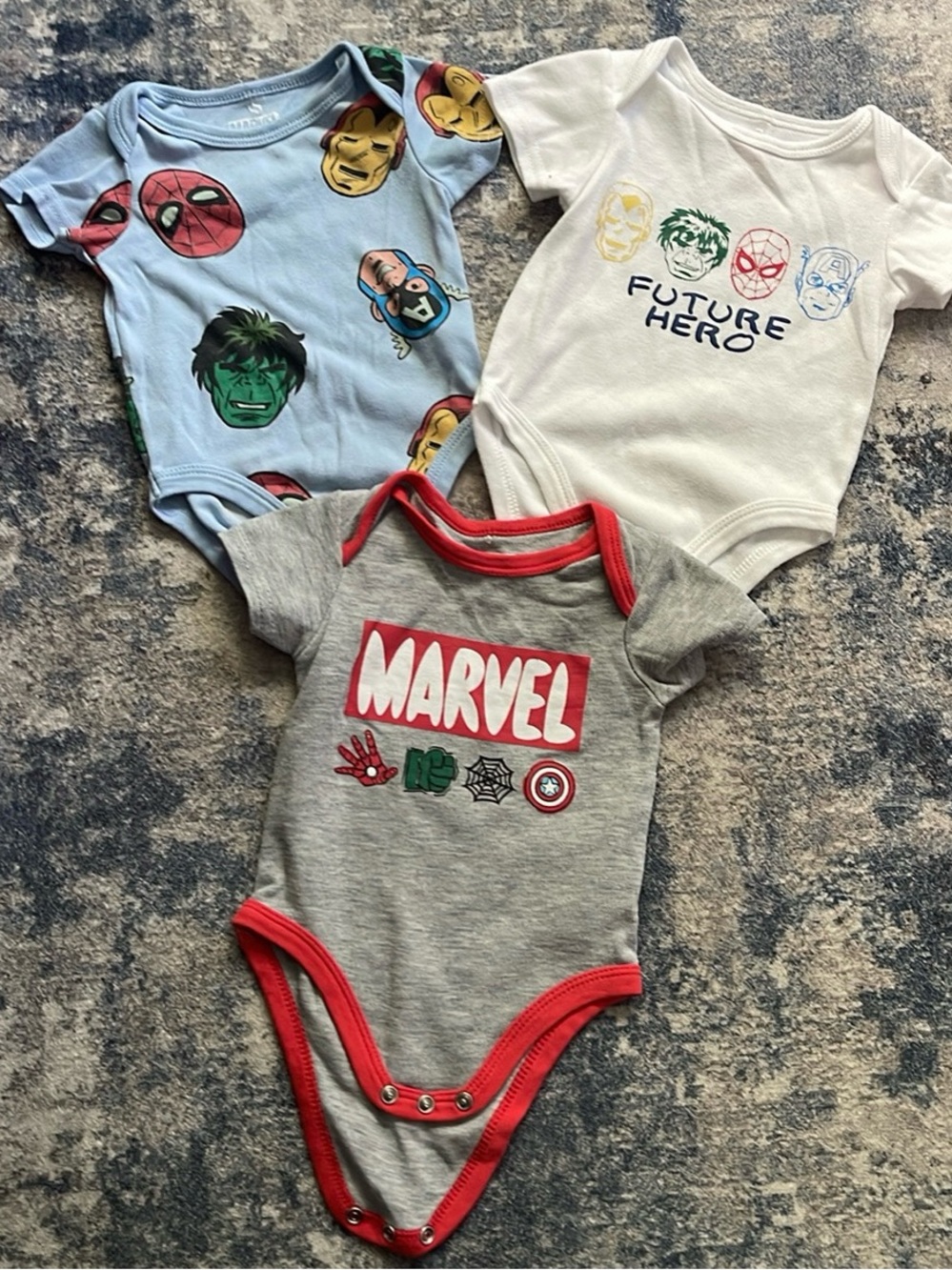 3-6 Month Marvel Baby Onesie Set - Gray, Light Blue & White Superhero Prints